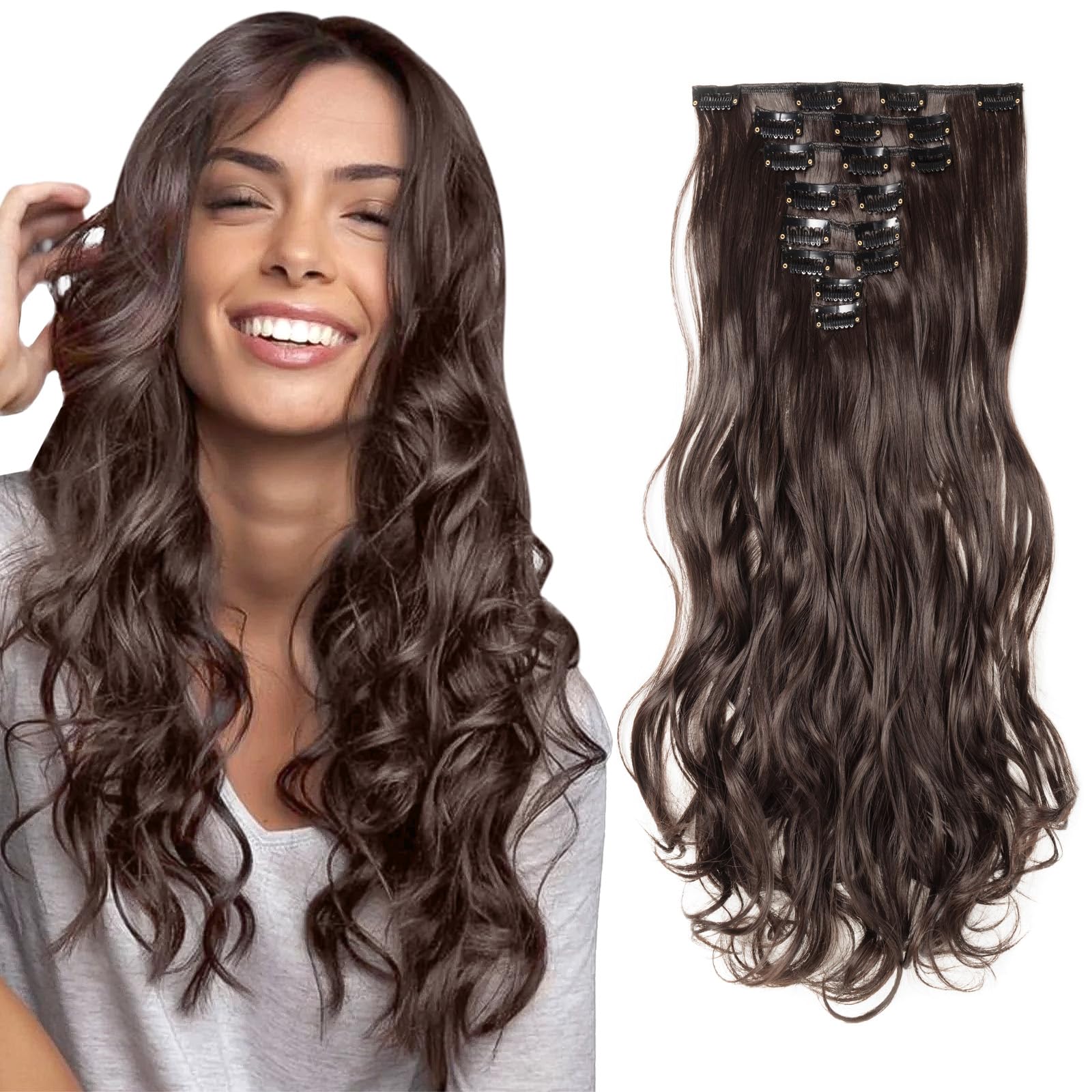 8Pcs 18Clips Full Head Clip in Hair Extensions Long Curly Synthetic Thick Hair Extension Ombre Wavy Hairpiece for Women 17" Dark Brown