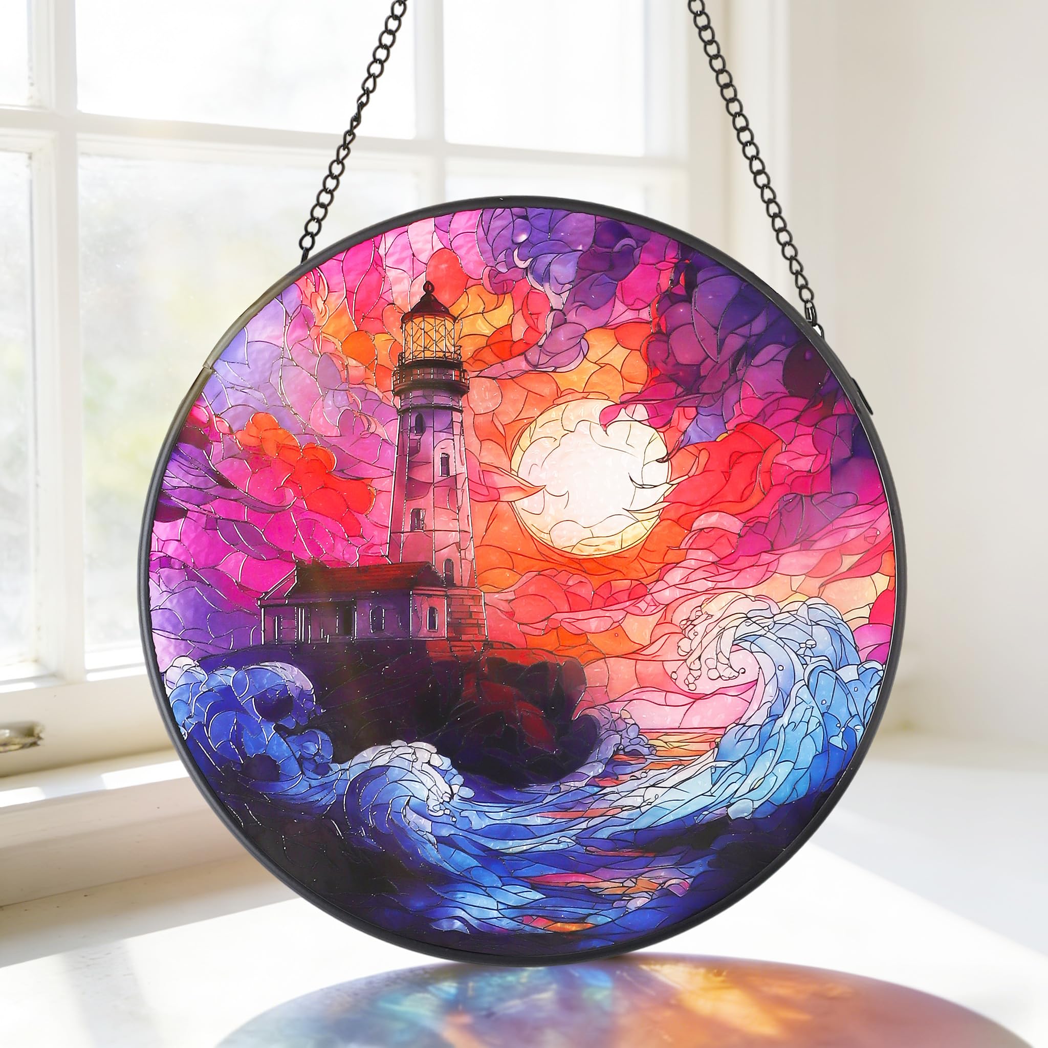 MEIYUDA Stained Glass Window Hanging Suncatcher, Waves Lighthouse Double Side Glass Panel Sun Catchers for Windows, Handmade Decor Ornaments Birthday Gifts for Women, Mom, Couples and Lovers 20x20cm