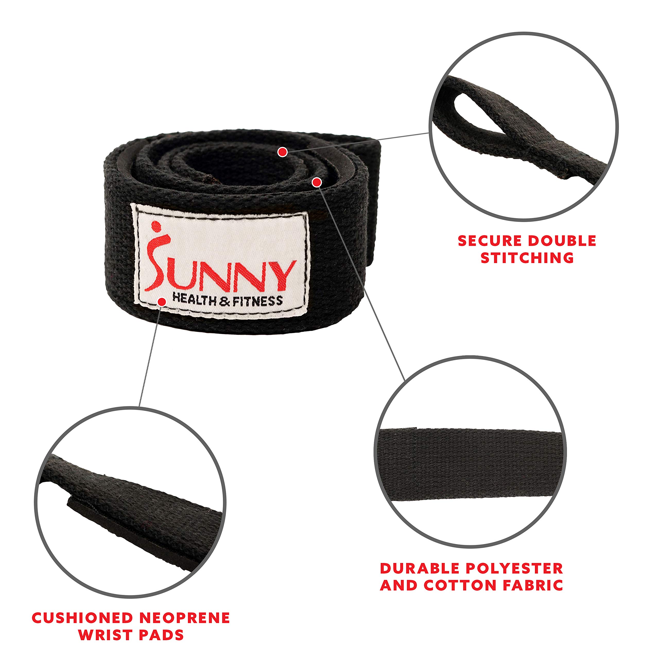 Sunny Health & Fitness Lifting Straps with Neoprene Padding, 2000lb Weight Capacity Heavy Duty Workout Wrist Straps for Weightlifting and Cross Training (Pair), Black