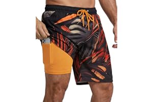 7 Inch Men Swim Trunks Palm Tree with Compression Breathable Liner Quick Dry Zipper Pockets for Board Beach Cruise