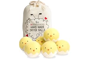 Calindiana 100% Organic Premium New Zealand Wool Dryer Balls Laundry Reusable Fabric Softener, Cute Dryer Sheets Alternative, Anti Static XL Size 6 Pack, Yellow Chick