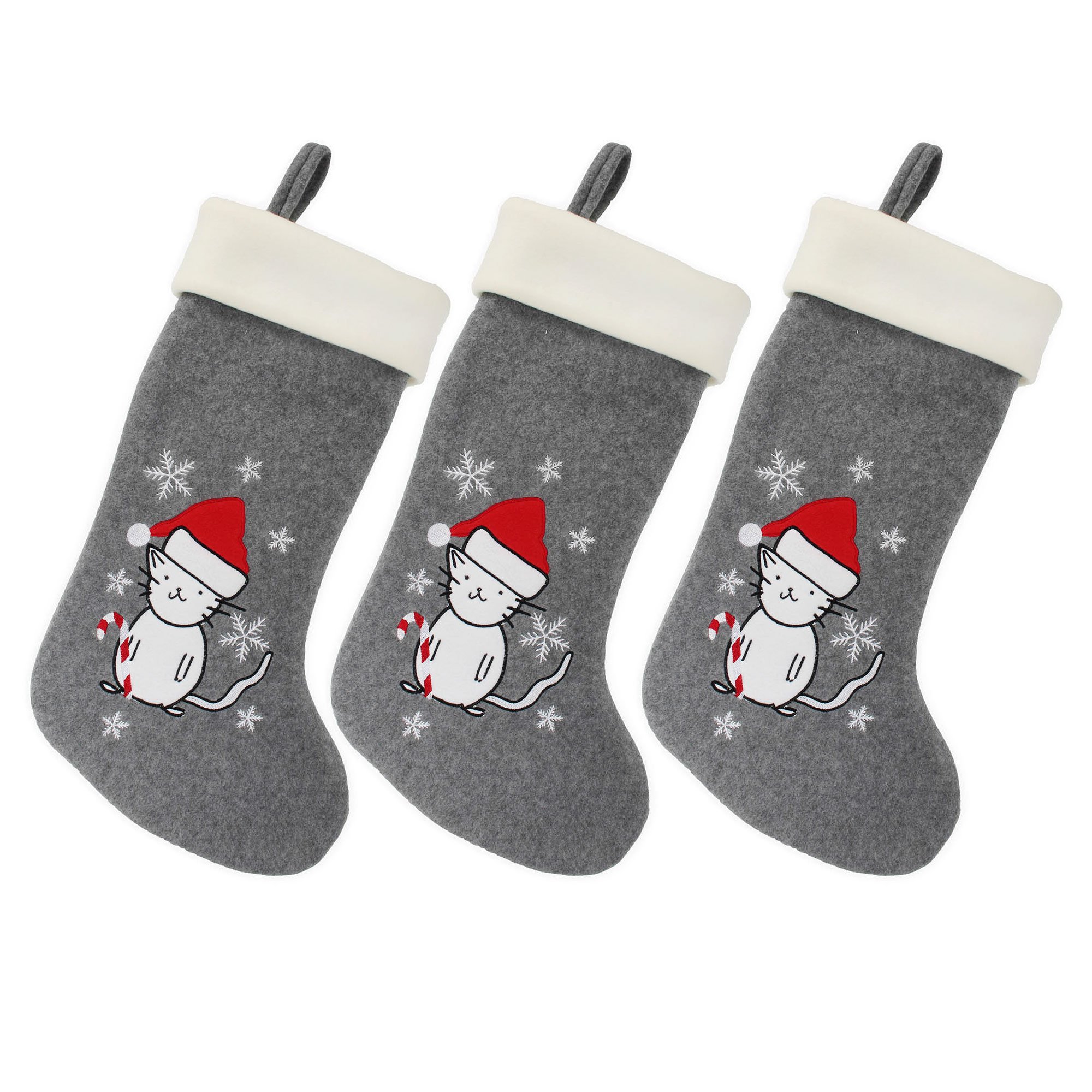 BambooMN 3 Pcs Set 18" Classic Hand Embroidered Sequined Cute Animal Christmas Stocking, 13 Cat
