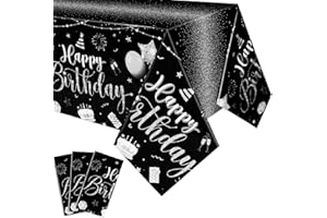 Tudomro 3 Pcs Happy Birthday Tablecloths Happy Birthday Party Decorations Plastic Table Cover Rectangular Cloths for Women Men Baby Shower Party Supplies, 108 x 54 Inch (Black Silver)