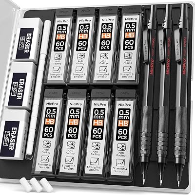 Nicpro MP1000 0.5mm Mechanical Pencil Set with Case, 3 Metal Bodies, 480 HB