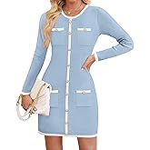 ZESICA Fall Dresses for Women 2026 Long Sleeve Button Color Block Knit Bodycon Short Sweater Dresses with Pockets