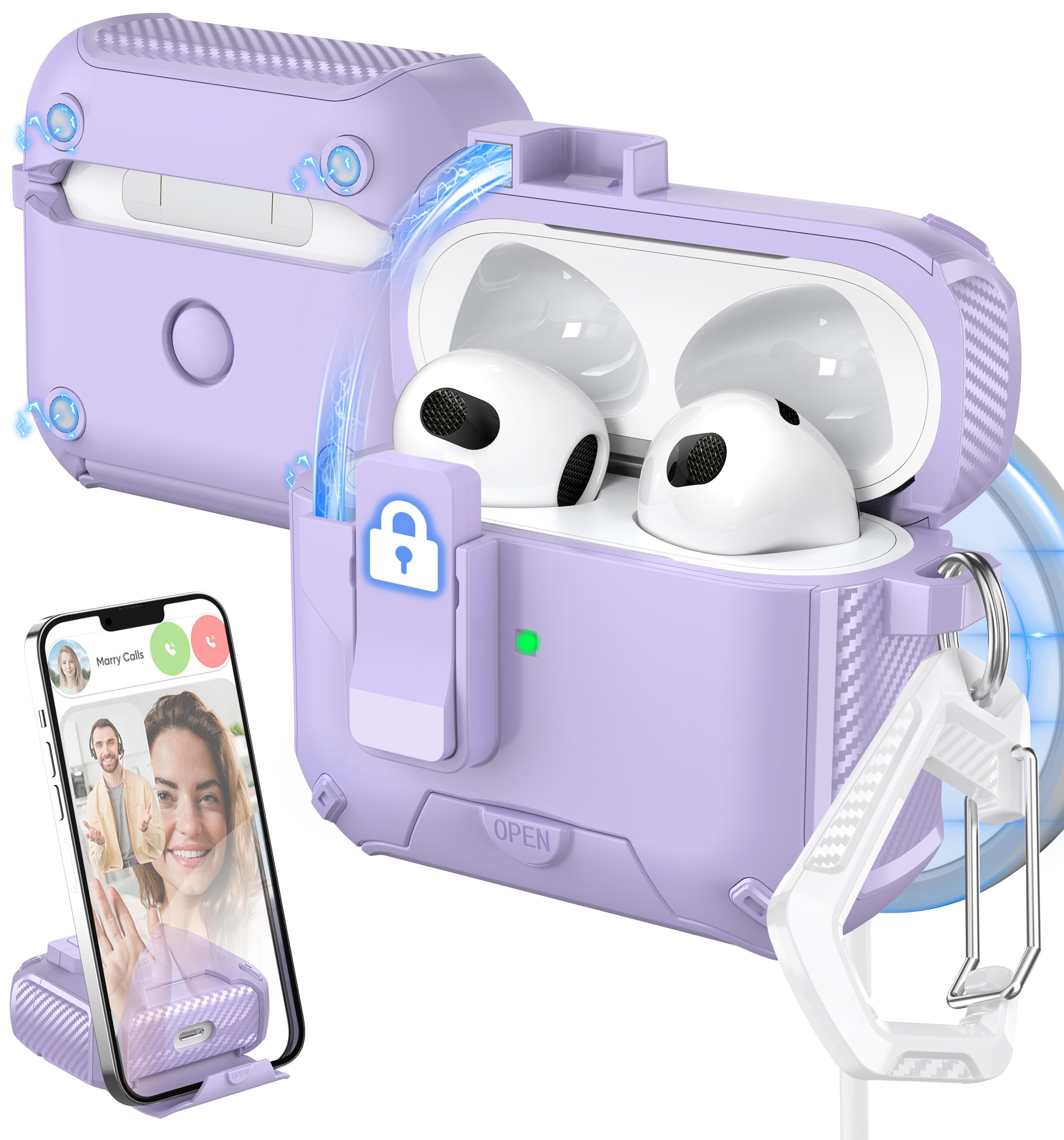 Photo 1 of MHYALUDO for AirPods 3rd Generation Case Cover, Compatible with Magsafe, Magnetic Automatic Lock, Charging Port Dust-Proof & Stand Design with Cleaning Kit, Purple