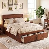 GIANTEX Full Size Bed Frame with Storage Drawers, Wood Platform Bed with Headboard, Mattress Foundation w/Solid Wooden Slat Support &amp; Enclosed Base, No Box Spring Needed (Walnut)
