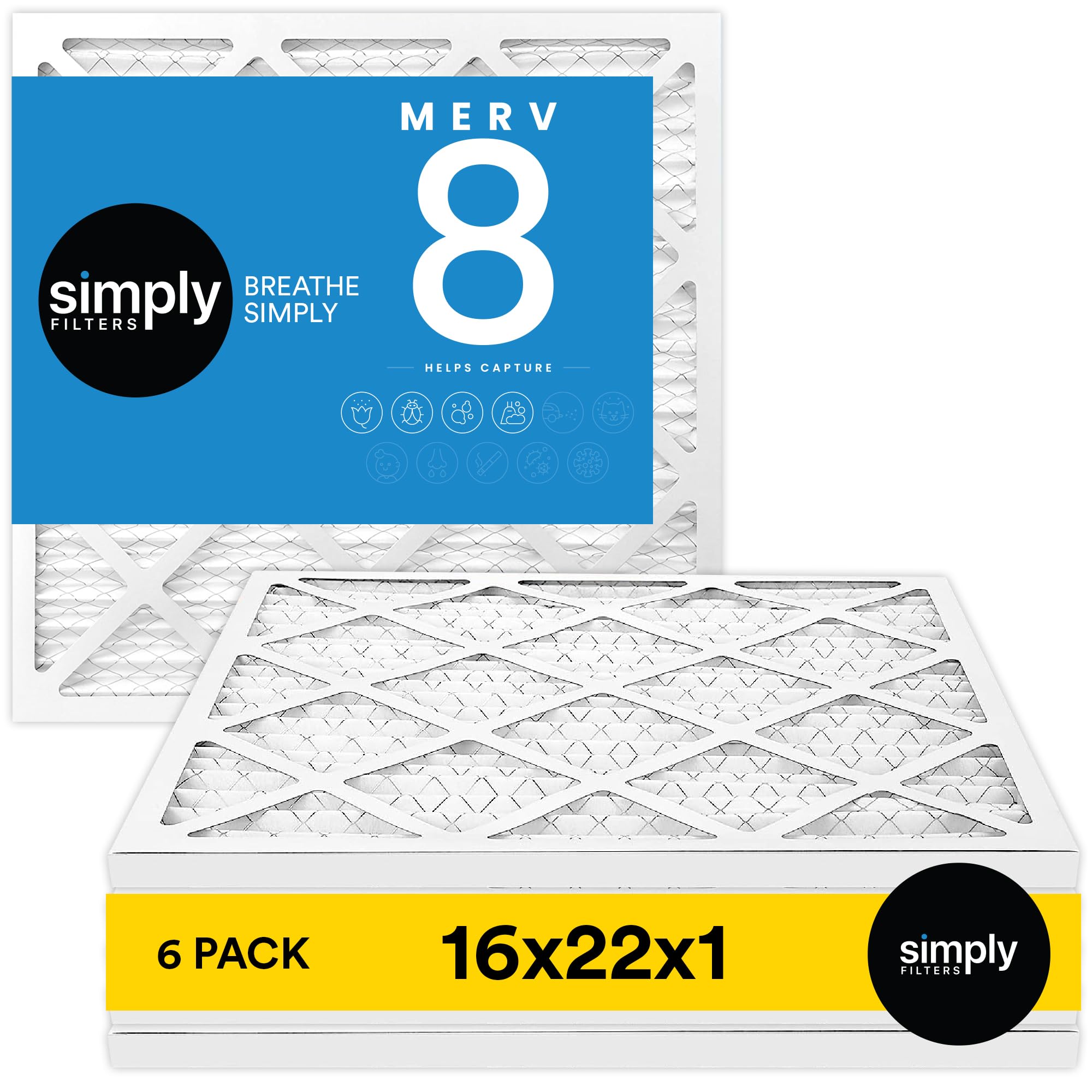 Simply 16x22x1 Air Filter, Merv 8, MPR 600, 6
