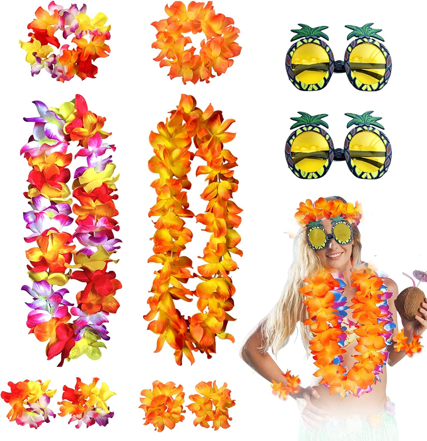 HBell 10 Pieces Hawaiian Leis Pineapple Sunglasses Set,Hawaiian Fancy Dress Hawaiian Garland Necklace Headbands and Wristbands,for Hawaiian Themed Party Summer Beach Tropical Party Decorations