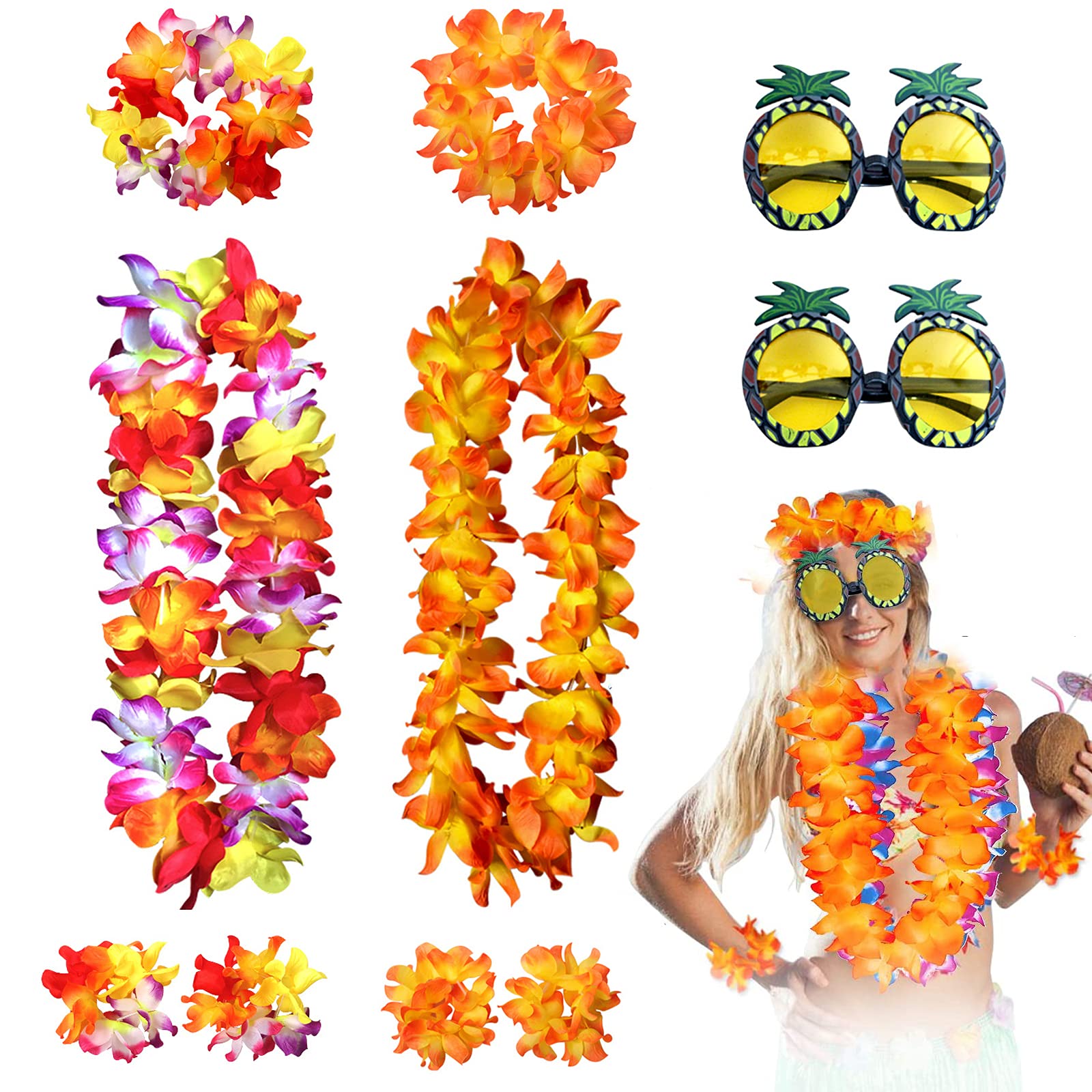 HBell 10 Pieces Hawaiian Leis Pineapple Sunglasses Set,Hawaiian Fancy Dress Hawaiian Garland Necklace Headbands and Wristbands,for Hawaiian Themed Party Summer Beach Tropical Party Decorations