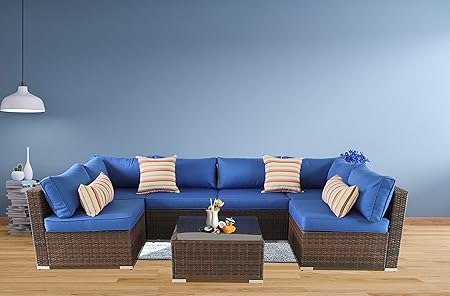 Amazon Com Outime Patio Sofa Brown Rattan Garden Sectional Sofa