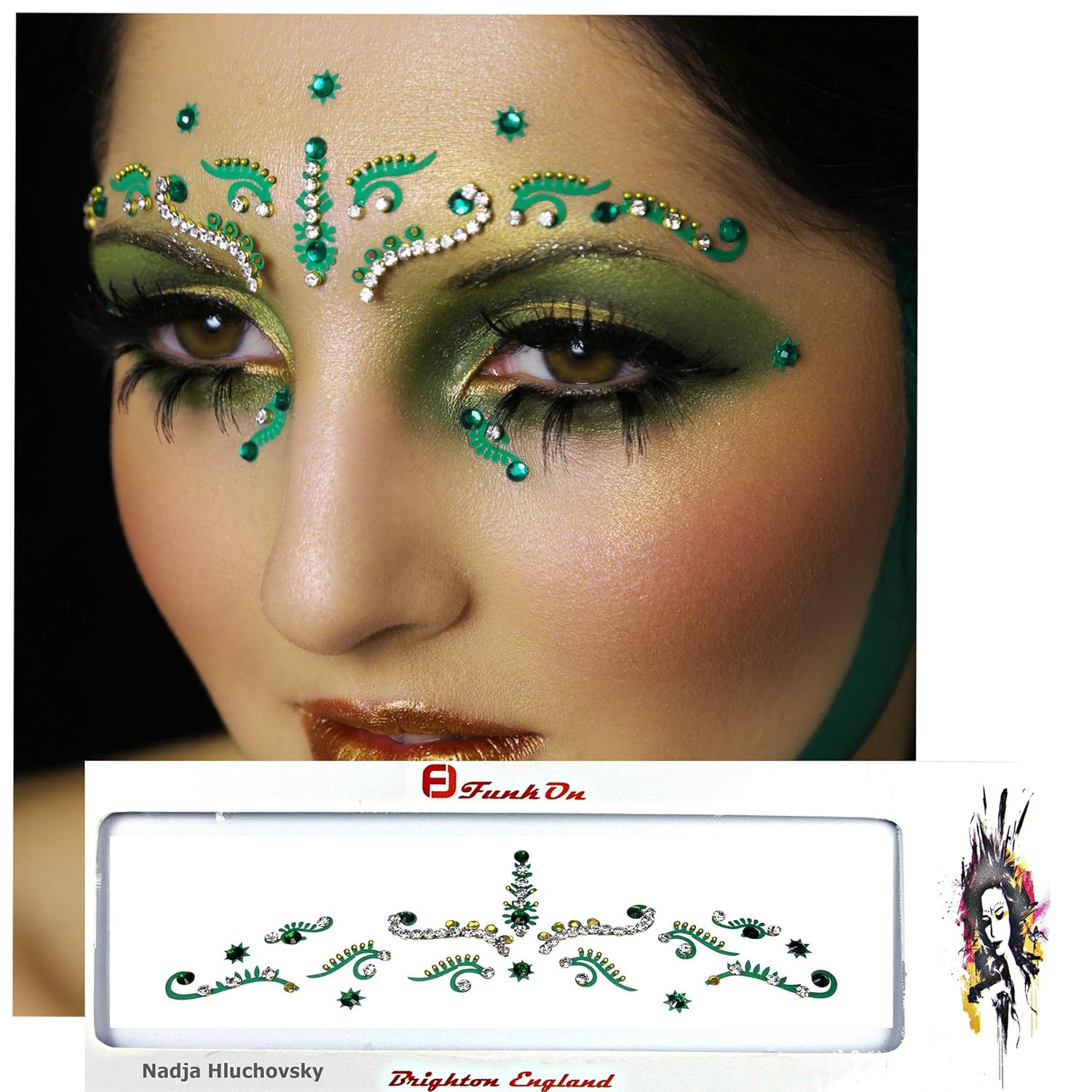 FunkOn Green/Silver Bridal Bindi/Bollywood Costume/Face Art Gems Set/Brow Jewels/Tikka Indian Wedding Diamante/Glitter Crystal Face Gem Makeup for Festivals/Stick on Face BodyTattoo/BBDGR