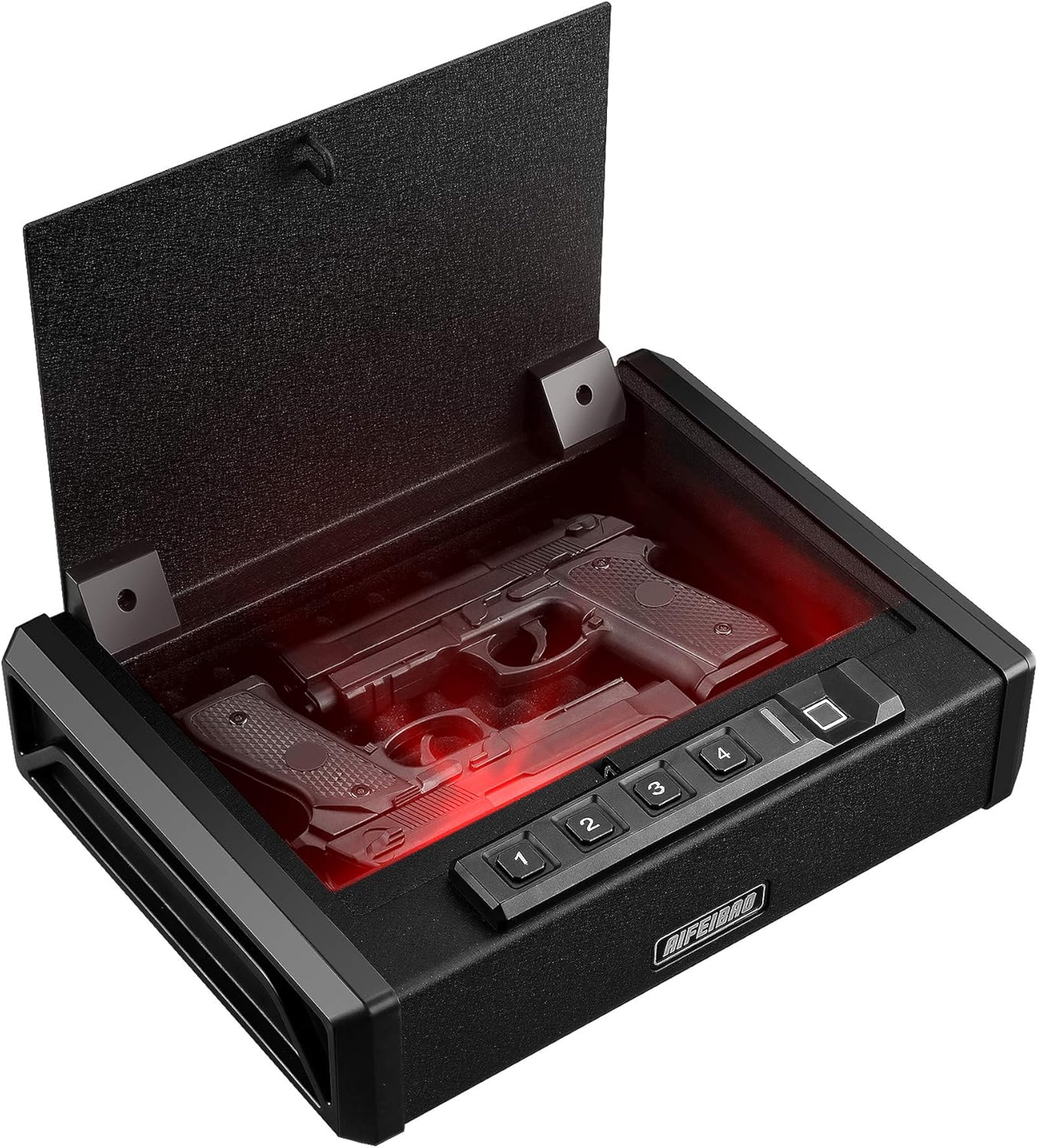 AIFEIBAO Gun Safe for 2 Pistols, Quick Access Safety for Home, Fingerprint Gun Safe Gun Ammo Case Box with Auto Open Lid Smart Biometric Acess Keypad Key Access Silent Mode