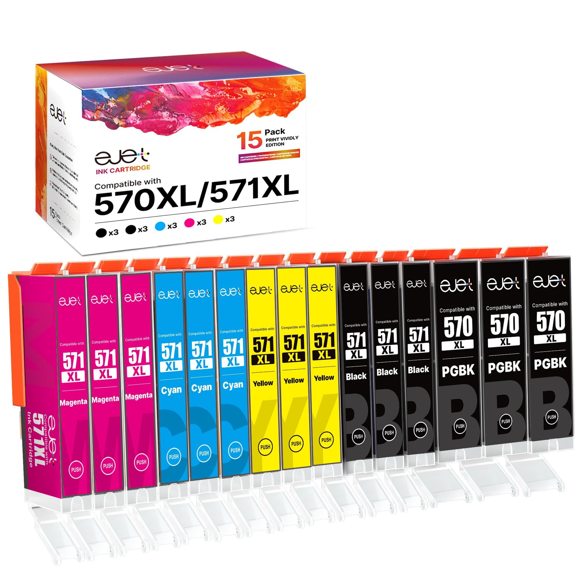 ejet 15-Pack 570 571XL Compatible Ink Cartridge Replacement for Canon PGI-570XL CLI-571XL for MG5750 TS5050 MG5700 MG5751 MG5753 MG6800 MG6850 MG6851 TS5051 TS5053 TS5055 TS6050 TS6051(PGBK B/C/M/Y)