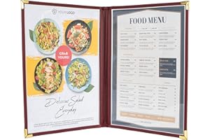 Ylittaa Menu Covers/Booklet, Double Pages, 2 Pockets, 4 View, for 8.5" x 11" Letter Size Paper, Pack of 6, Burgundy Edging + Gold Metal Corner, Made with Leatherette & Vinyl