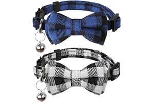 BANMODER Cat Collar Breakaway with Bells,Cute Cat Bow Tie,2 Pack Safety Plaid& Flower Kitten Collar for Girl Boy Male Cats (Black & Blue)