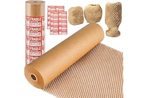 MIVERYEA Honeycomb Packing Paper, 15"x300' Eco Friendly Packing Materials for Shipping Breakable Recyclable Moving Supplies Paper Bubble Wrap Sheets Roll with 20 Fragile Sticker Labels