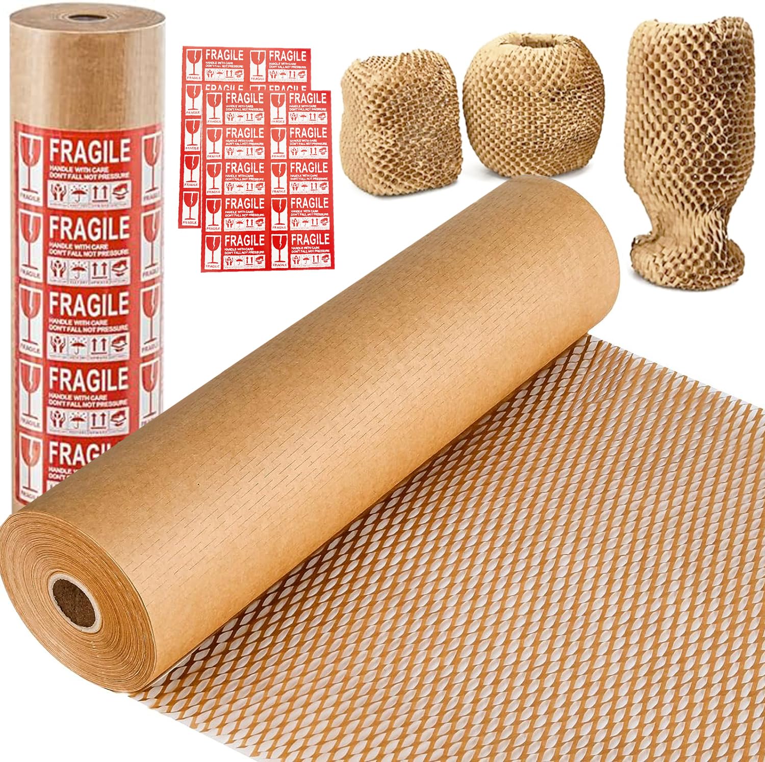 Photo 1 of Honeycomb Packing Paper, 15"x300' Eco Friendly Packing Materials for Shipping Breakable Recyclable Moving Supplies Paper Bubble Wrap Sheets Roll with 20 Fragile Sticker Labels