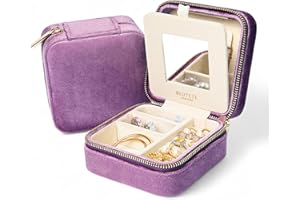 BLUTETE Travel Jewelry Box Organizer Velvet Travel Case With Mirror Ring Earrings Necklaces Storage Organizer Box (Purple)