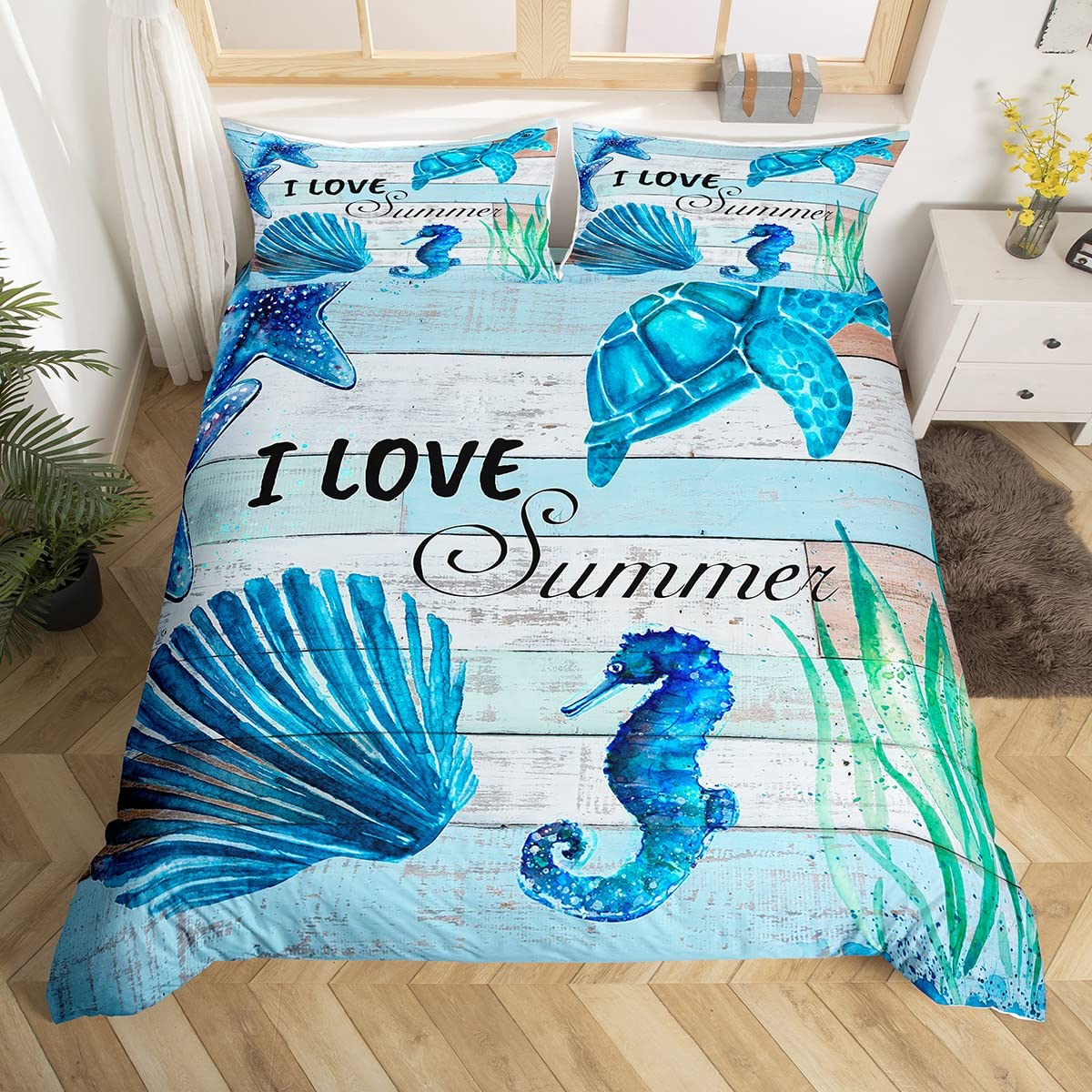 Summer Beach Duvet Cover Set Single Size, Sea Turtle Seahorse Scallop Starfish Comforter Cover with 1 Pillowcase, Marine Animal Bedding Set 2pcs for Kids Girls Blue Wood Plank Bedspread Cover — image 1
