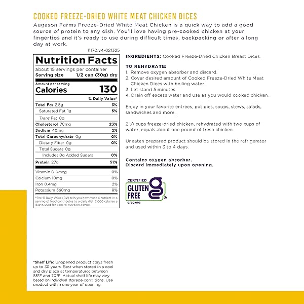 AUGASON FARMS COOKED FREEZE DRIED WHITE MEAT CHICKEN DICES CAN, EMERGENCY FOOD SUPPLY, EVERYDAY MEALS, 15 SERVINGS