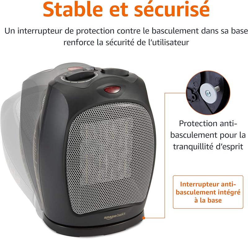 Radiateur soufflant et pivotant en céramique avec thermostat réglable 1800 W, Noir — photo 5 sur 7