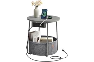 VASAGLE Side Table with Charging Station, Round End Table With Fabric Basket, Nightstand with Power Outlets USB Ports, for Living Room, Bedroom, Modern, Dove Gray and Slate Gray ULET228G01
