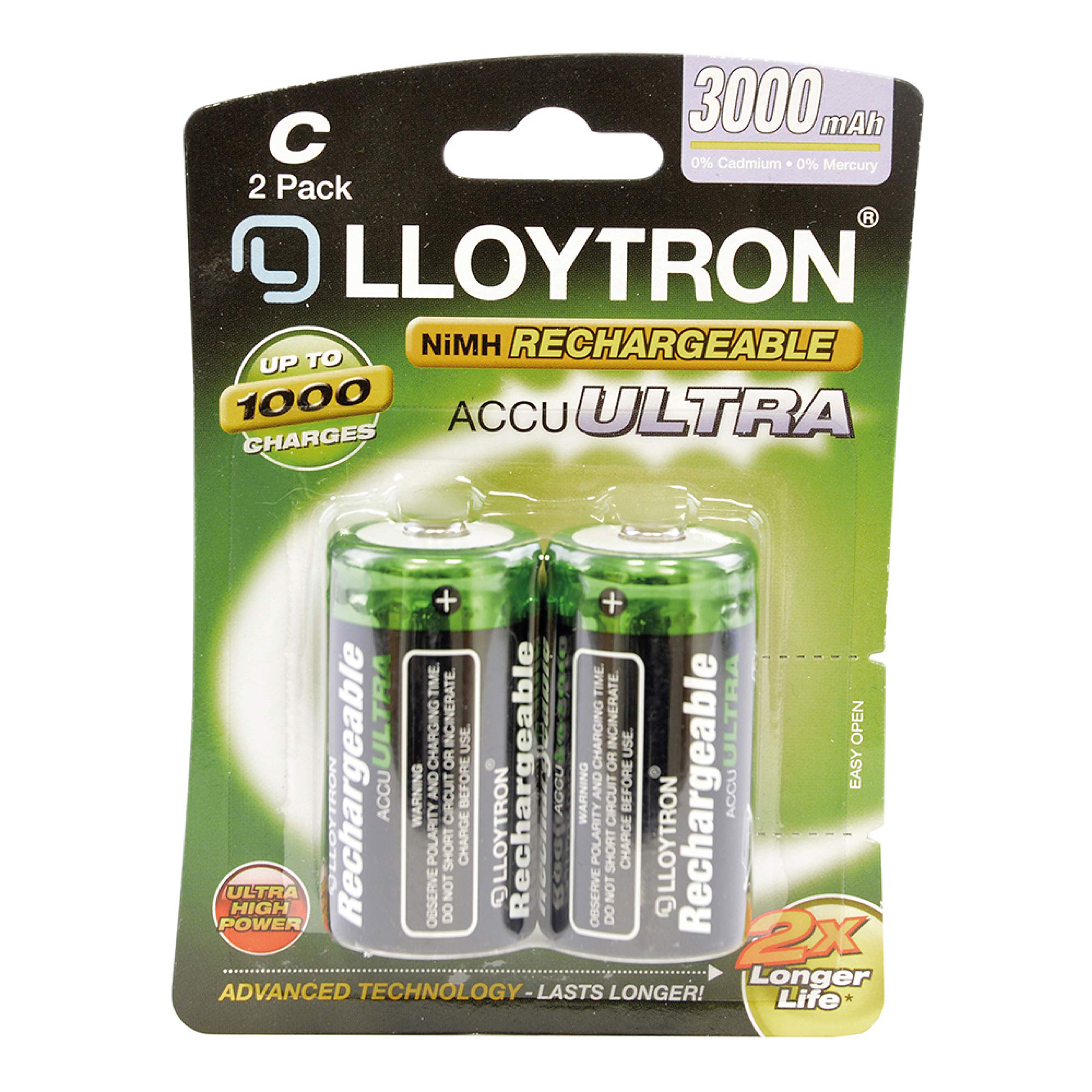 LLOYTRON NiMH Rechargeable AccuUltra Batteries / C Size / 3000mAh / 2 Pack - B016