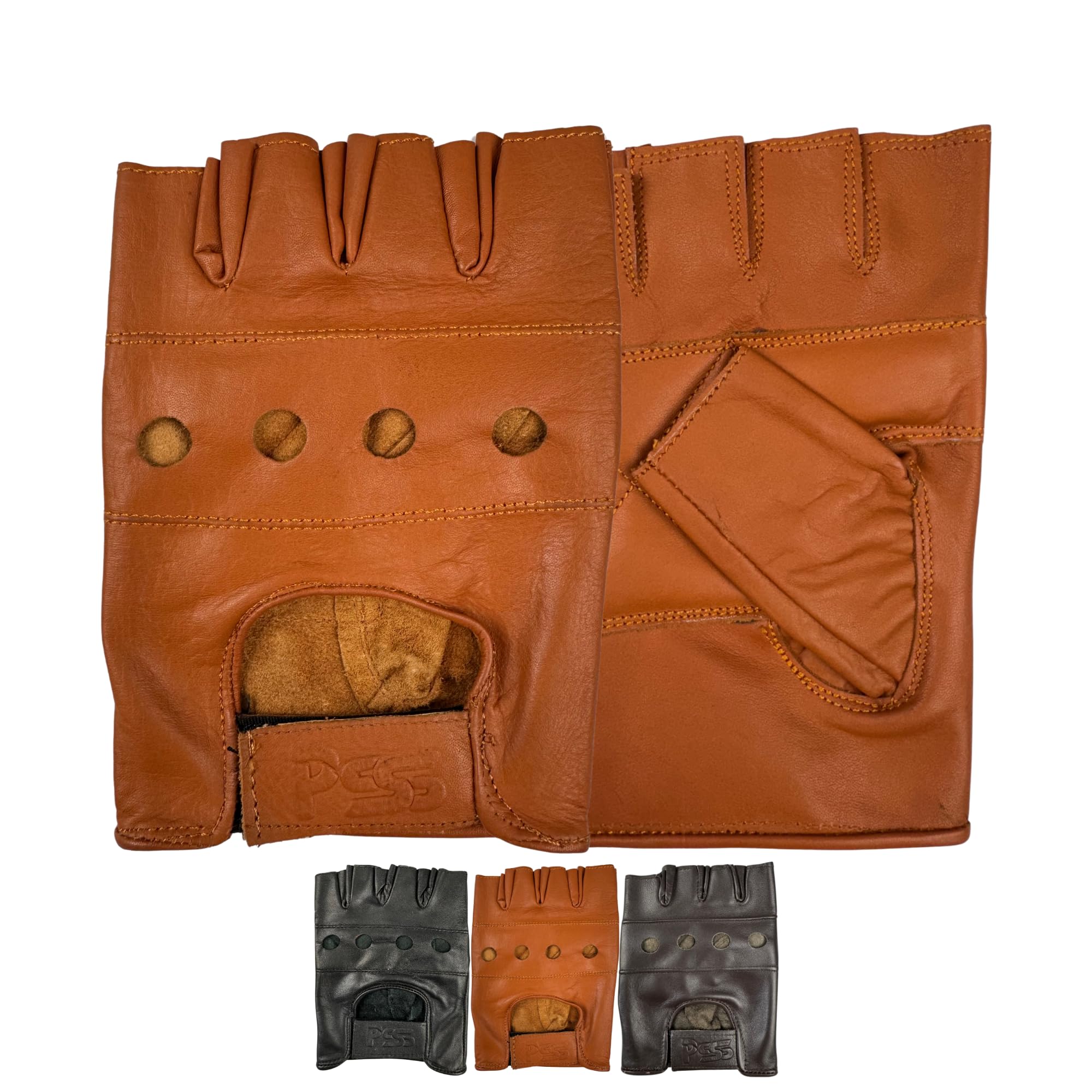 Prime Leather Finger less Gloves Real Leather Soft Weight Training Cycling Bike Wheelchair Body building weight lifting GYM (Tan, XX-LARGE) 503