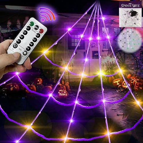 20 * 17FT Halloween Spider Web 150 Led Purple&Orange Lights Light Up Lighted Giant Battery Operated Waterproof with 200sqft Cobweb and 20 Small Spiders for Indoor and Outdoor Decor Yard Decoration