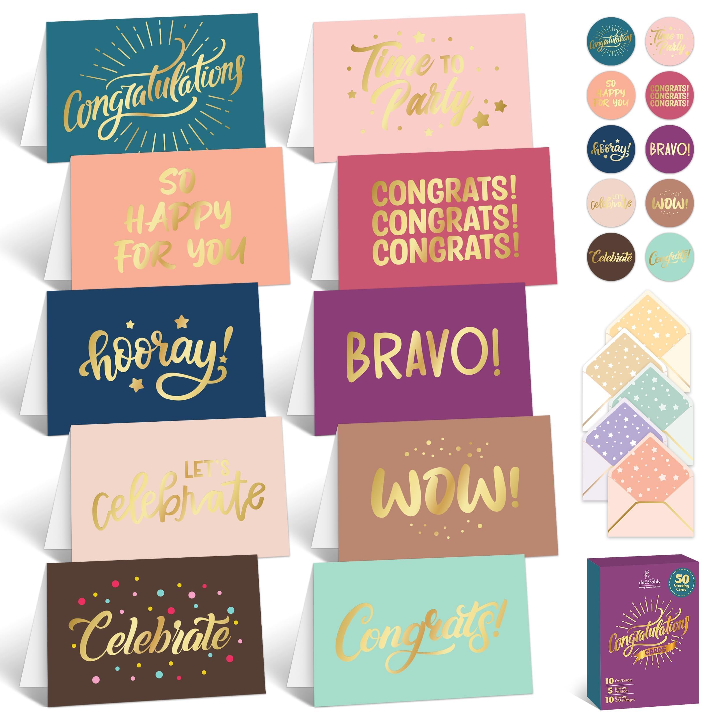 Photo 1 of Decorably 50 Pack Gold-Foiled 6x4in Blank Congratulations Cards with Envelopes and Stickers, 10 Elegant Designs Congratulations Cards Bulk, Blank Inside - Graduation, Engagement, Wedding
