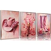 3pcs Pink Cowgirl Canvas Wall Art Funky Cowgirl Boots Posters Prints Paintings Western Flower Boots Hat Aesthetic Pictures Wall Decor for Preppy Room Bedroom Apartment Decoration Unframed