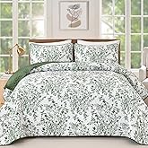 WONGS BEDDING Quilt King Size, Green Quilt Bedding Set with 2 Pillowcases, Botanical Quilt for King Bed, Soft Microfiber Lightweight Coverlet Bedspread for All Season (110"×90", 3 Pieces)