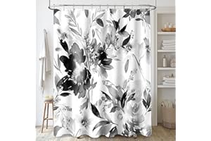 MAYZUS Black and White Shower Curtain, Watercolor Black Floral Shower Curtain for Bathroom, Modern Abstract Flower Decorative Fabric Shower Curtain Set with Hooks 72x72