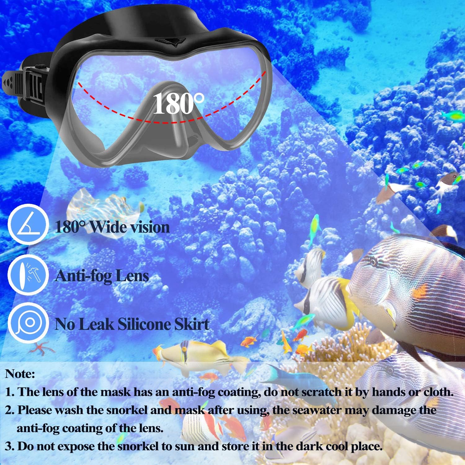 QTECLOR Snorkel Mask Set Snorkeling Gear–Dry Snorkel Set and Mask Kids Adults Anti Fog 180 Degree Seaview with Mesh Bag, Scuba Diving Swimming Training Equipment Youth Junior Men Womens : Sports & Outdoors