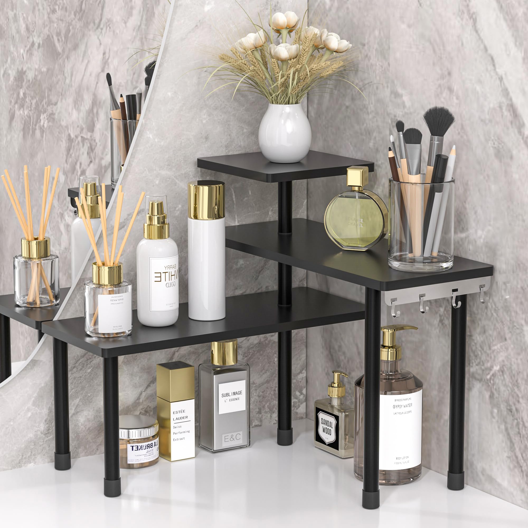 Photo 1 of ***FOR PARTS ONLY/ MISSING ASSEMBLY PIECES*** JayRex Countertop Corner Shelf, 3 Tier Shelf Moveable Organizer for Bathroom Counter, Make Up, Dresser Table, Desktop Shelf (Black)