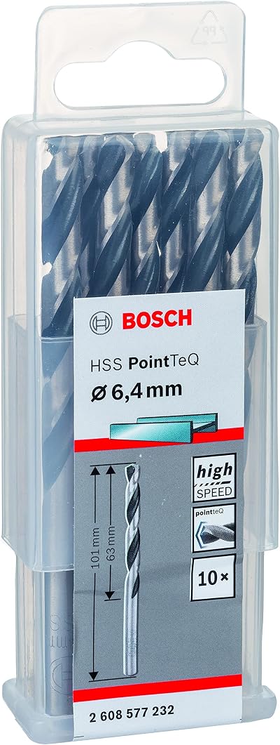 Bosch 10-Piece PointTeQ HSS Twist Drill Bit for Metal 6.4 x 63 x 101 mm