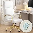 Genpo White and Gold Office Desk Chair Memory Foam, High Back Leather Executive Office Chair with Wheels and Arms for Women Girls Teens Adults