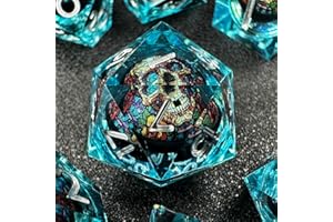 HAOMEJA Skull D&D Monster Resin Dice Set DND Skeleton 7 PCS Sharp Edges Dice with Gift Dragon Eye Bag Apply to Dungeons and Dragons Role Playing Game Gift (Skull A & Blue)