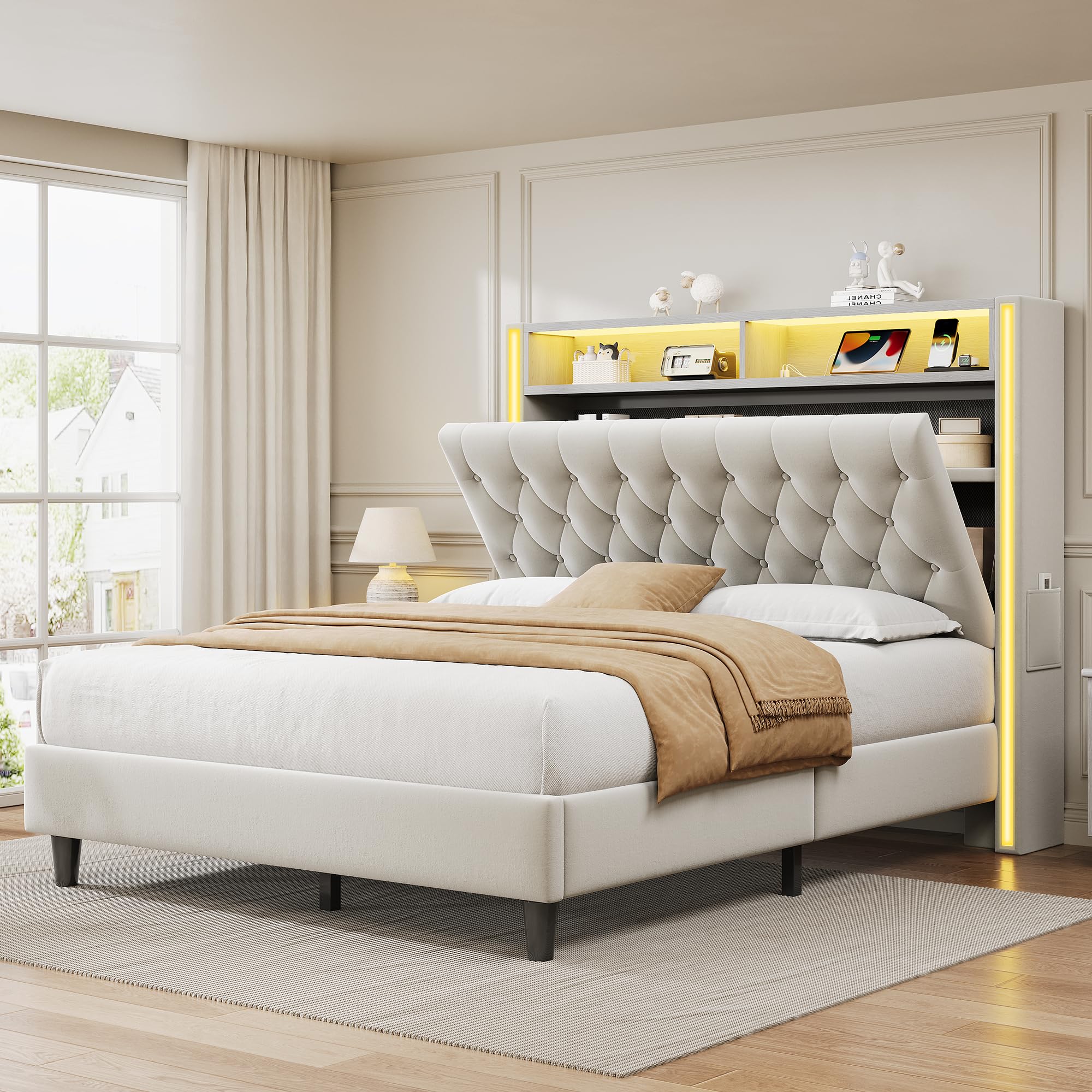 Photo 1 of Queen Bed Frame with Tall Headboard, 53" Velvet Upholstered Bed Queen Size with 3-Tier Storage Headboard and Sleek Vertical LED Light, Charging Station, Sturdy & Easy to Assemble, Cream White