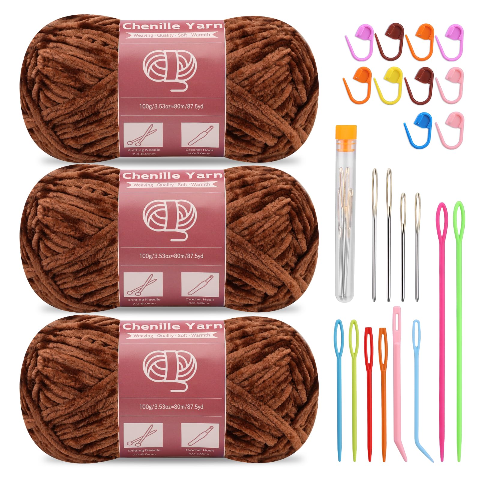 SUVSOON 3 * 100g Chenille Yarn, Chenille Velvet Yarn for Crocheting and Knitting with Needles Stitch Marker Handcrafts Weaving Soft Chenille Yarns for Blankets, Clothes, Pattern Knitting (Brown) — image 1