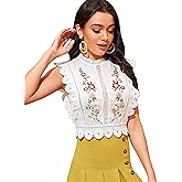 Floerns Women's Mock Neck Guipure Lace Trim Embroidery Blouse Tops