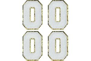 Jongdari Letter Patches Varsity Chenille Iron on Letters Patchs for Clothing, 4pcs English Letter O with Gold Glitters Border, Alphabet Sewing Appliques (White O)