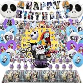 164PCS Birthday Party Decorations,Nightmare be christmas Party Supplies Halloween Party Decorations Set Includes Banner Balloons Backdrop Tablecloth Hanging Swirls Cake Toppers