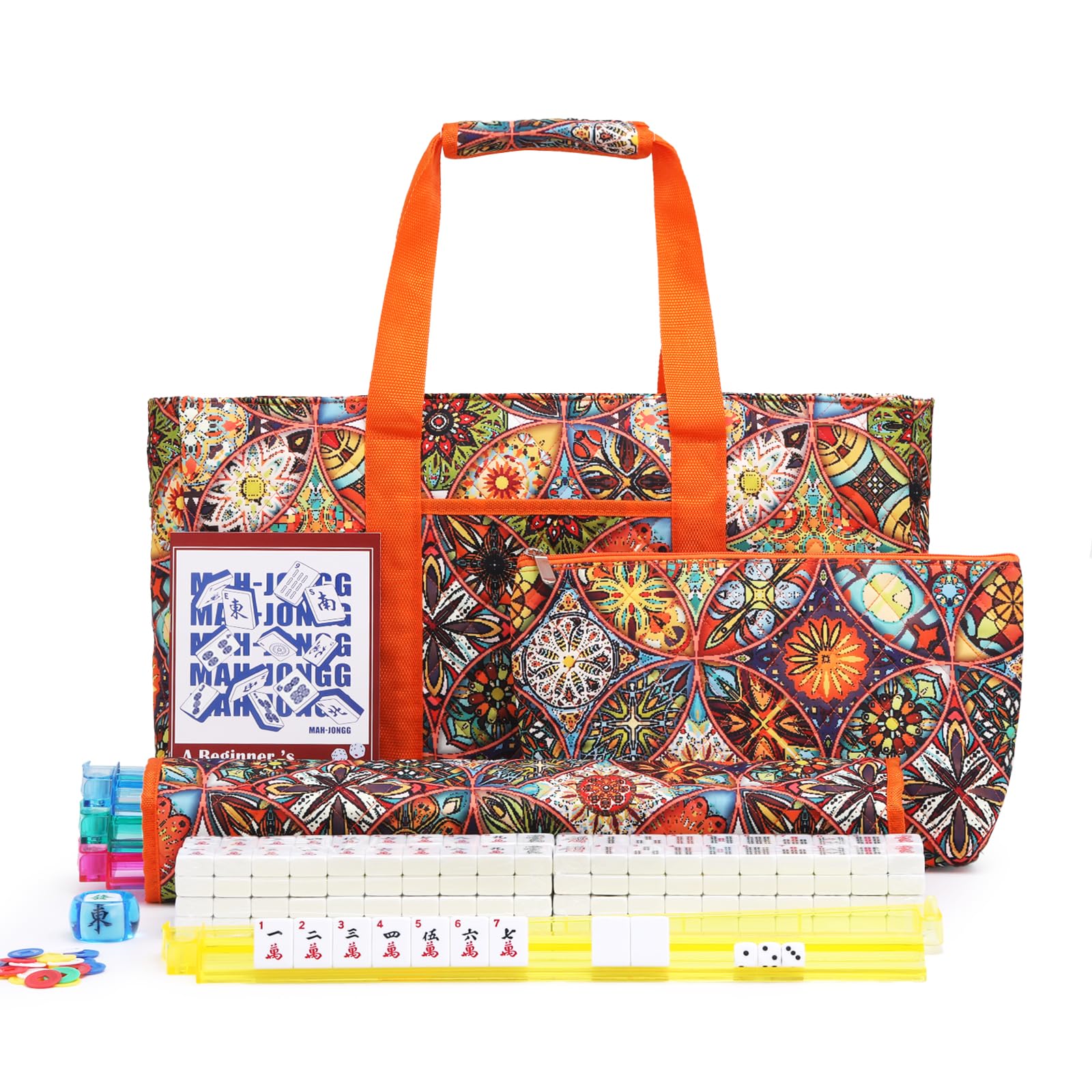 Kyerlish American Mahjong Tile Set with Orange Printed Carrying Bag, 166 Premium White Tiles, 4 All-in-One Color Racks/Pushers, Mah Jongg Sets, Complete Mahjong Game Set for Travel