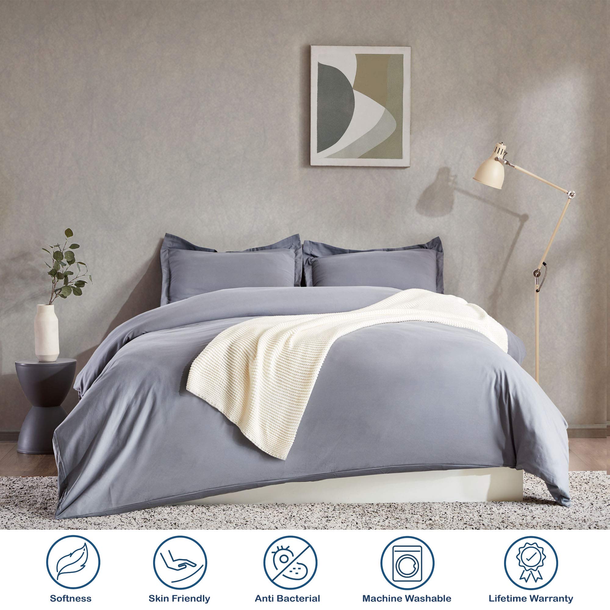 SLEEP ZONE Bedding Duvet Cover Sets Cooling 120gsm Soft Zipper Closure Corner Ties 3 PC, Gray,Full/Queen