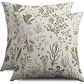 Smozenith Spring Floral Pillow Covers 18X18 Set of 2, Sage Green Flower Wildflowers Plant Botanical Print Decorative Throw Pillowcases Outdoor Farmhouse Seasonal Cushion Cases Couch Sofa Bed Decor