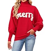 SunnyMelody Womens Cute Christmas Turtleneck Batwing Sleeve Sweater Winter 2025 Funny Holiday Merry Letter Knit Pullover Tops
