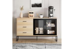 AraSyleon Buffet Cabinet with Storage, 51" Modern Sideboard Coffee Bar Cabinet, Solid Wood Countertop & Changhong Glass Doors (Log)