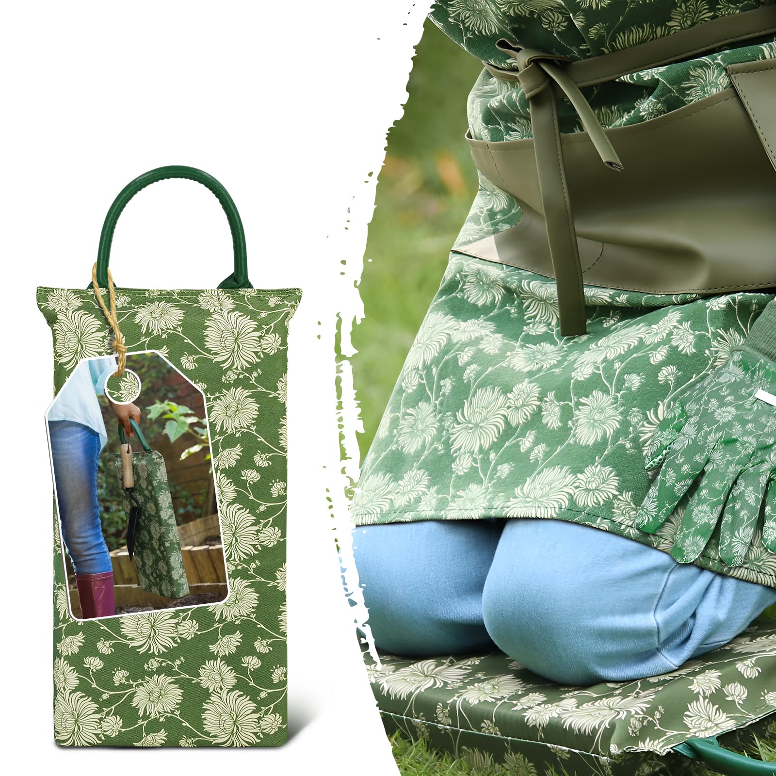 Colwelt Gardening Kneeling Pad Set, Gardening Gifts for Women Gardeners, Elegant Pattern Garden Kneeler Pad Set, Charming Gardening Accessories(Extra Thick Kneeling Pad, Garden Apron with pockets)